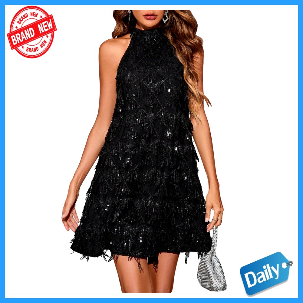 Sequin Halter Mini Dress Sleeveless Cocktail Party Clubwear Regular Fit